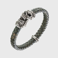 Bracelet tête de mort argent en cuir vert mâchoire amovible