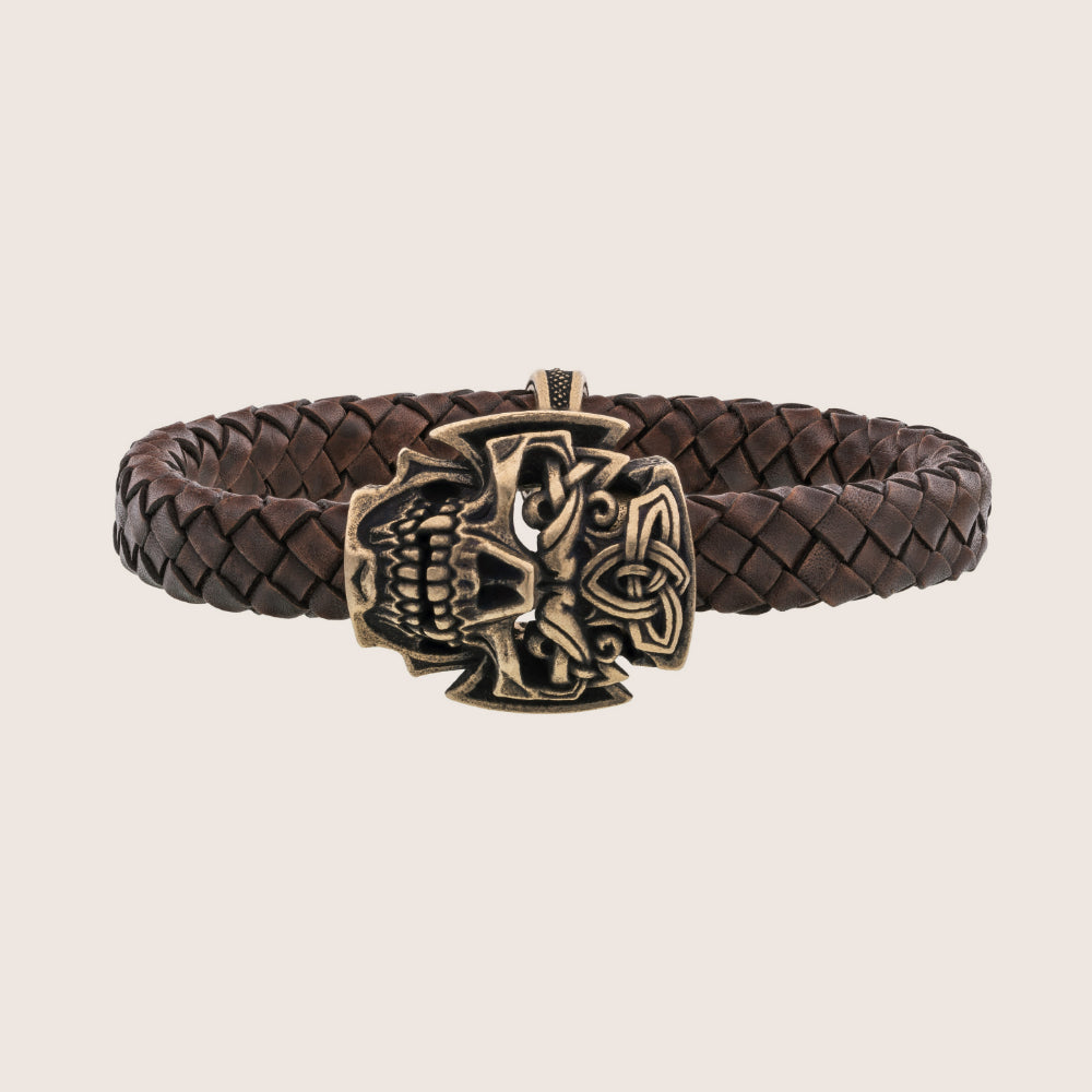 Bracelet Pirate En Cuir Et Acier - Tête De Mort Skull, Style Biker Café Racer | Marron, Neuf Avec étiquettes