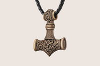 Amulette bronze marteau Thor cordon cuir tressé