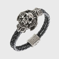 Bracelet tête de mort en argent signes viking cuir noir