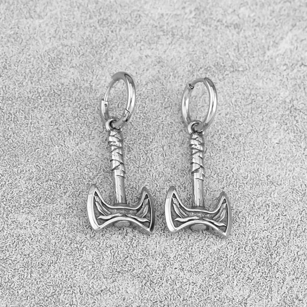 Flongo Boucles d'Oreilles Homme Viking: Boucles d'Oreilles Acier Inoxydable Fantaisie Boucles d'Oreilles Créoles Vintage Runes Hache Vikings Style Nordique - Cadeau Anniversaire