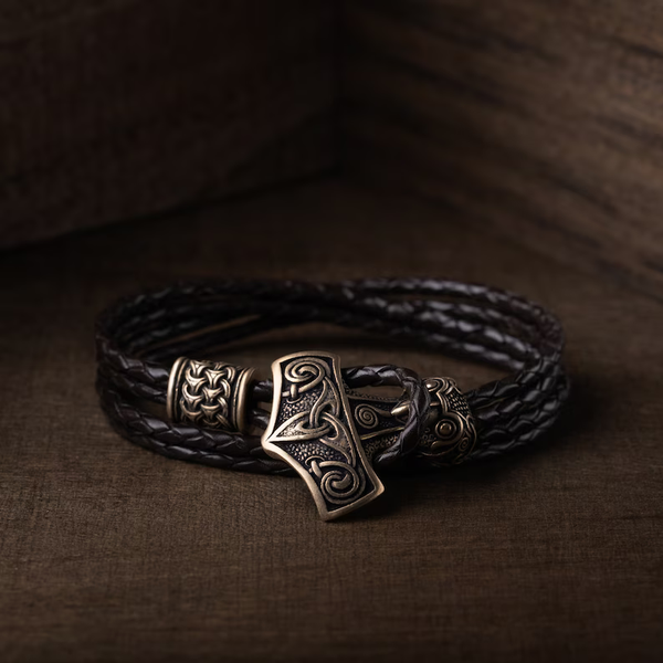 bracelet cuir tressé viking marteau de Thor