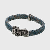 Bracelet tête de mort argent en cuir bleu mâchoire amovible