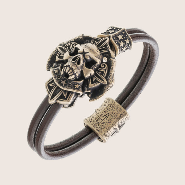 Bracelet tête de mort en bronze italien cuir marron