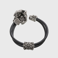 Bracelet tête de mort en argent signes viking cuir noir