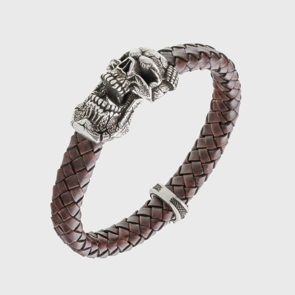 Bracelet tête de mort argent en cuir marron mâchoire amovible