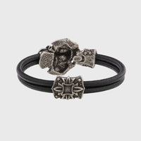 Bracelet tête de mort en argent signes viking cuir noir