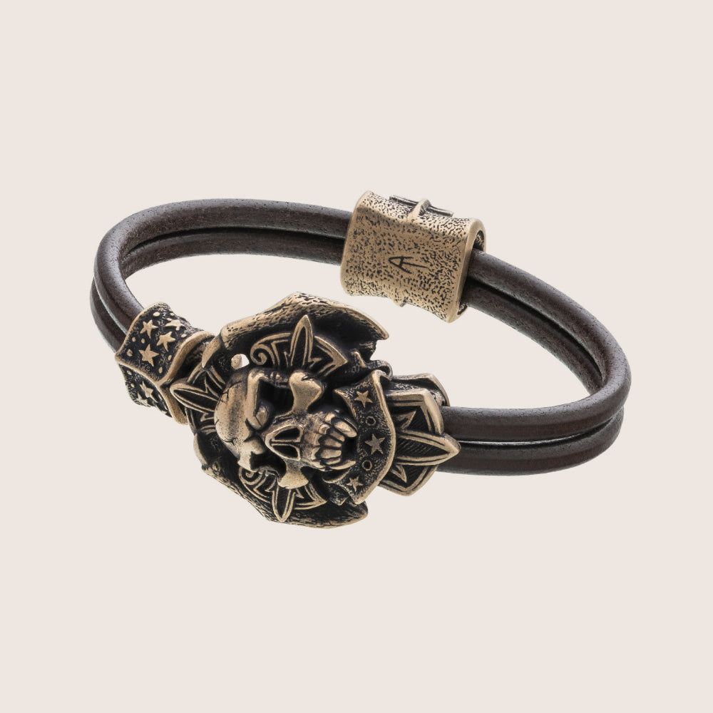 Bracelet Pirate Tête De Mort En Cuir Et Acier - Marron Et Argenté - Neuf Avec étiquettes - Style Biker