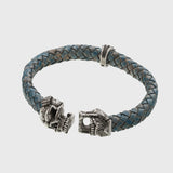 Bracelet tête de mort argent en cuir bleu mâchoire amovible