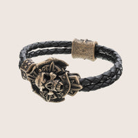 Bracelet tête de mort en bronze italien cuir noir