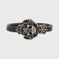 Bracelet tête de mort en argent signes viking cuir noir