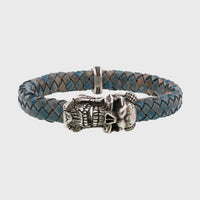 Bracelet tête de mort argent en cuir bleu mâchoire amovible