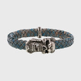 Bracelet tête de mort argent en cuir bleu mâchoire amovible