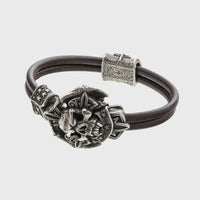 Bracelet tête de mort en argent signes viking cuir marron