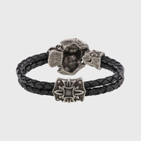 Bracelet tête de mort en argent signes viking cuir noir