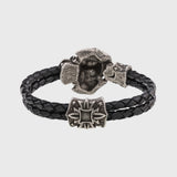 Bracelet tête de mort en argent signes viking cuir noir