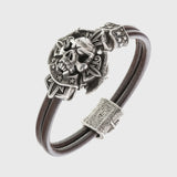 Bracelet tête de mort en argent signes viking cuir marron