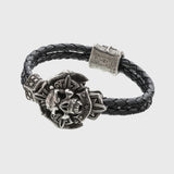 Bracelet tête de mort en argent signes viking cuir noir