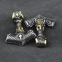 Amulette marteau de Thor viking en argent avec runes en or