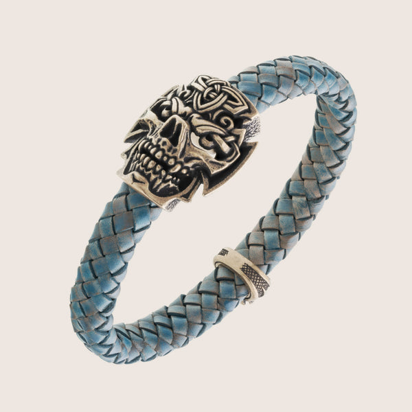 Bracelet tête de mort en bronze italien cordon tressé bleu