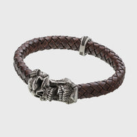 Bracelet tête de mort argent en cuir marron mâchoire amovible