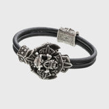 Bracelet tête de mort en argent signes viking cuir noir