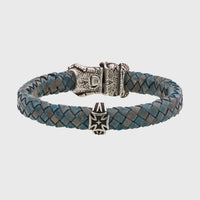 Bracelet tête de mort argent en cuir bleu mâchoire amovible