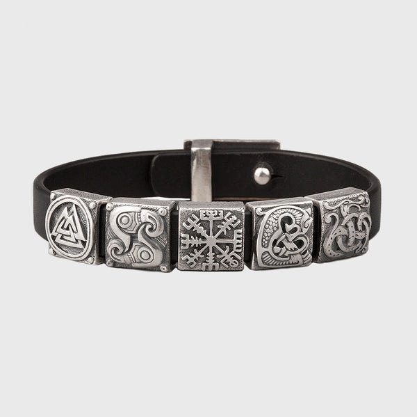 Pulseira de prata Valknut, Hugin e Munin, Vegvisir, Fenrir, Jormungand