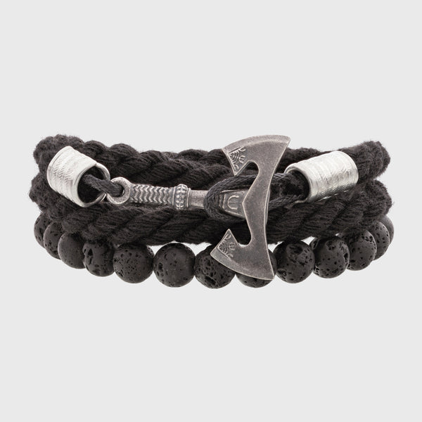 Pulseira viking machado bronze ou prata dupla face corda preta