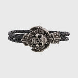 Bracelet tête de mort en argent signes viking cuir noir