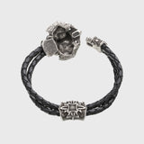 Bracelet tête de mort en argent signes viking cuir noir