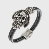 Bracelet tête de mort en argent signes viking cuir noir