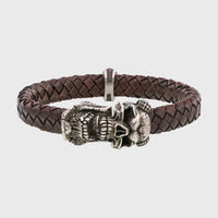 Bracelet tête de mort argent en cuir marron mâchoire amovible