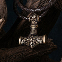 Martillo de Thor amuleto de bronce cordón de cuero trenzado