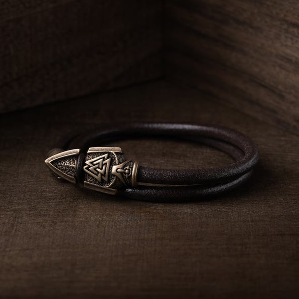 Bracelet en cuir Gungir avec symbole Valknut en bronze