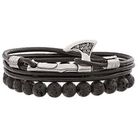 Pulsera hacha vikinga cuero y pulsera plateada