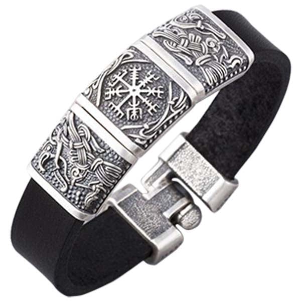 Pulsera vikinga de bronce Hugin y Munin grabada con Vegvisir