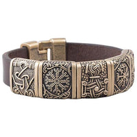 Pulsera de cuero vikingo para hombre con cinco símbolos.