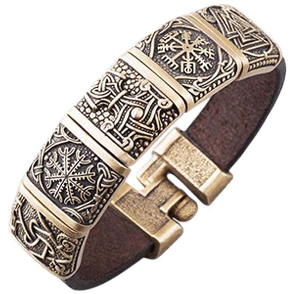 Pulsera de cuero vikingo para hombre con cinco símbolos.