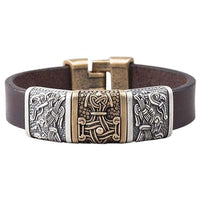 Pulseira masculina de couro Martelo de Thor e Corvos de Odin