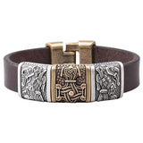 Pulseira masculina de couro Martelo de Thor e Corvos de Odin