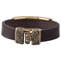 Pulseira masculina de couro Martelo de Thor e Corvos de Odin