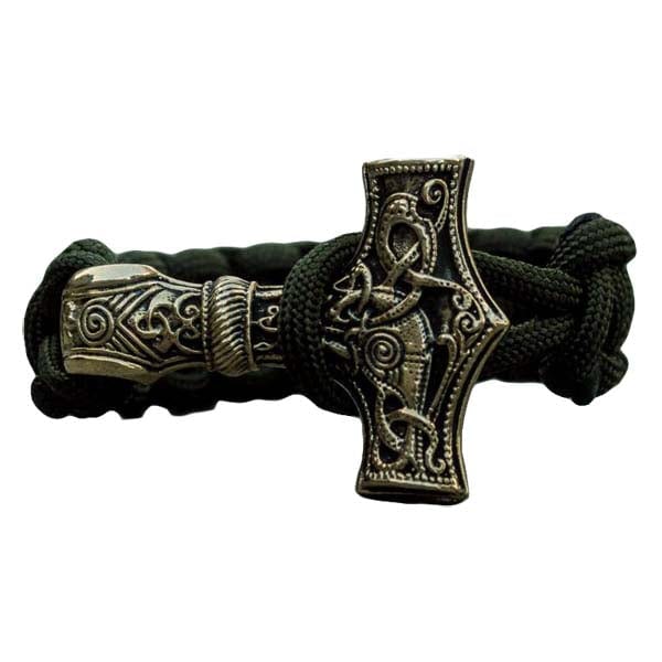 Bracelete de bronze feito à mão Thor martelo verde-oliva