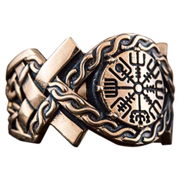 Anel nórdico de bronze com símbolo Vegvisir artesanal