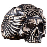 Bague crâne bronze Odin avec Vegvisir et corbeaux
