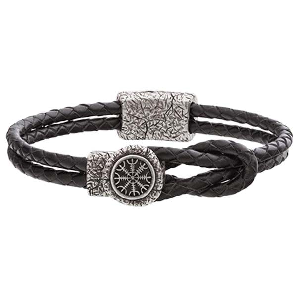 Pulsera de cuero para hombre Aegishjalmur yelmo del miedo plata