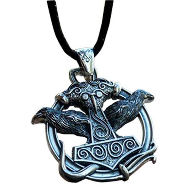 Colgante artesanal Martillo de Thor con los cuervos de Odín