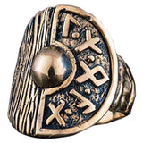 Escudo Viking com Runas e Anel Pagão Textura de Madeira em Bronze