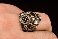 Bague crâne bronze Odin avec Vegvisir et corbeaux