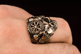 Bague crâne bronze Odin avec Vegvisir et corbeaux